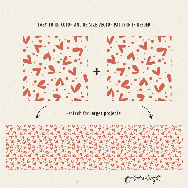 May include: A seamless pattern featuring a repeating design of red hearts and dots on a white background. The pattern is shown in three different sizes, demonstrating how to create a larger pattern by attaching multiple smaller patterns together.