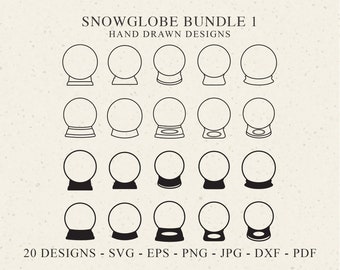 May include: A set of 20 hand-drawn snow globe designs in black and white. The designs are in various shapes and sizes, with some featuring a base and others without. The text "SNOWGLOBE BUNDLE 1" and "HAND DRAWN DESIGNS" is at the top of the image. The text "20 DESIGNS - SVG - EPS - PNG - JPG - DXF - PDF" is at the bottom of the image.