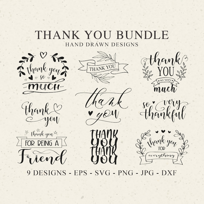 Puede incluir: Un conjunto de nueve dise&ntilde;os de agradecimiento dibujados a mano en blanco y negro. Los dise&ntilde;os presentan varias frases como "muchas gracias", "gracias por ser un amigo" y "muy agradecido".