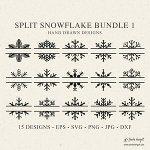 Pode incluir: Uma coleção de 15 desenhos de flocos de neve divididos à mão em preto. Cada desenho apresenta um padrão de floco de neve único acima de uma linha horizontal. O texto na parte superior diz "SPLIT SNOWFLAKE BUNDLE 1".