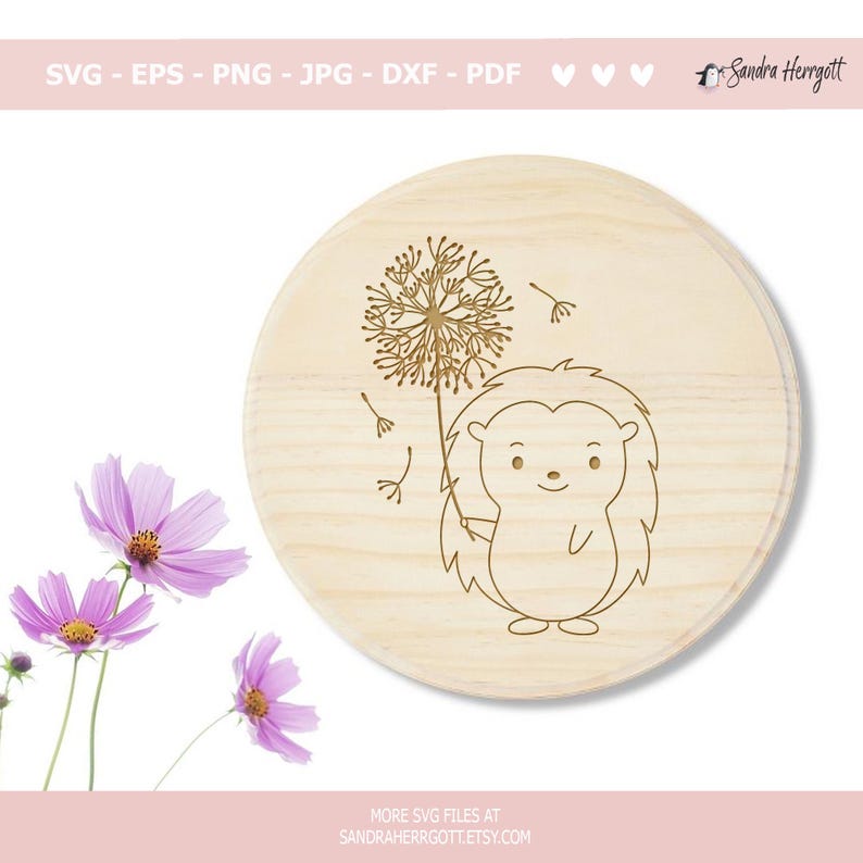 May include: A digital design of a hedgehog holding a dandelion with seeds blowing in the wind. The design is on a light brown wooden background.