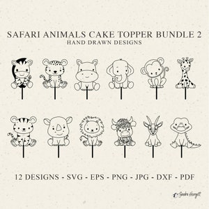 Safari dieren verjaardagstaart topper plotter bestand SVG dxf png jungle Cricut tijger silhouet stencil clipart luipaard buffel vinyl gesneden bestand