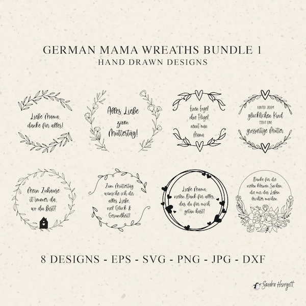 German Mama Wreath Plotter File SVG DXF Muttertag Cricut Heart Silhouette Download Plotting Bundle Cute Peony Clipart Vinyl Cut File Decal