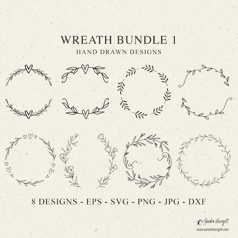 May include: A set of eight hand-drawn wreath designs, featuring simple floral and heart motifs. The wreaths are perfect for adding a touch of elegance to your digital designs.