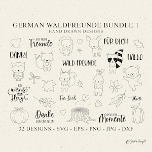 Può includere: Una collezione di 32 disegni disegnati a mano con animali e elementi del bosco. Include una volpe, un gufo, uno scoiattolo, un coniglio, un procione, un orso e altro ancora. Testo in tedesco, tra cui "German Waldfreunde Bundle 1".