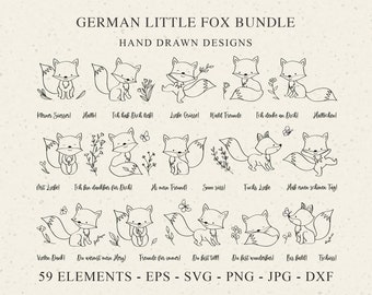 German Little Fox Plotter Files SVG DXF PNG Flowers Butterfly Cricut Silhouette Download Plotting Bundle Cute Baby Forest Animal Clipart