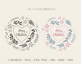 May include: Two circular floral wreaths featuring a central heart shape with the text Merry Christmas inside. One wreath is solid black, while the other uses blue and magenta colors. The text IN 13 COLORWAYS and 1 DESIGN - SVG - EPS - PNG - JPG - DXF - PDF appears.