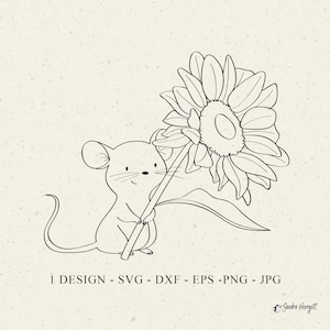 Souris tenant tournesol Svg, SVG animal botanique lunatique, souris mignonne couper fichier, Tournesol Cricut, Svg de T-shirt souris, clipart souris mignonne