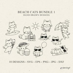 Mignon plage chat traceur fichier Svg Dxf Png Jpg Eps bébé animal Cricut Silhouette Clipart vacances Split Kitty parasol château de sable Surf Melon