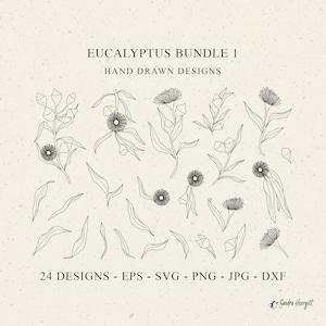 File di plotter per eucalipto SVG DXF PNG Foglia Botanico Floreale Tela Silhouette Download Bundle di plotter per piante di fiori autoctoni australiani