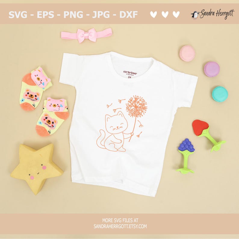 May include: A white baby onesie with a cute line drawing of a cat holding a dandelion. The onesie has a tag that says "carter's 24" on it.