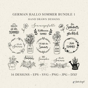 German Hallo Sommer Plotter File SVG DXF PNG Mason Jar Botanical Floral Rose Wreath Cricut Silhouette Download Plotting Bundle Cute Flower