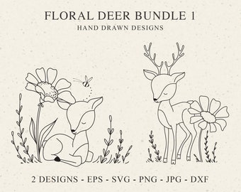 Floral Deer Plotter File Svg Dxf Png Jpg Forest Animal Cricut Leaf Silhouette Baby Foal Clipart Cute Vinyl Cut File Botanical DIY Stencil