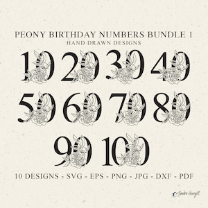 Arquivo de plotter de números de peônia Svg Dxf Eps Png Jpg Pdf Flor Cricut Monograma floral Silhueta de aniversário de casamento Clipart Vinil Arquivo de corte a laser