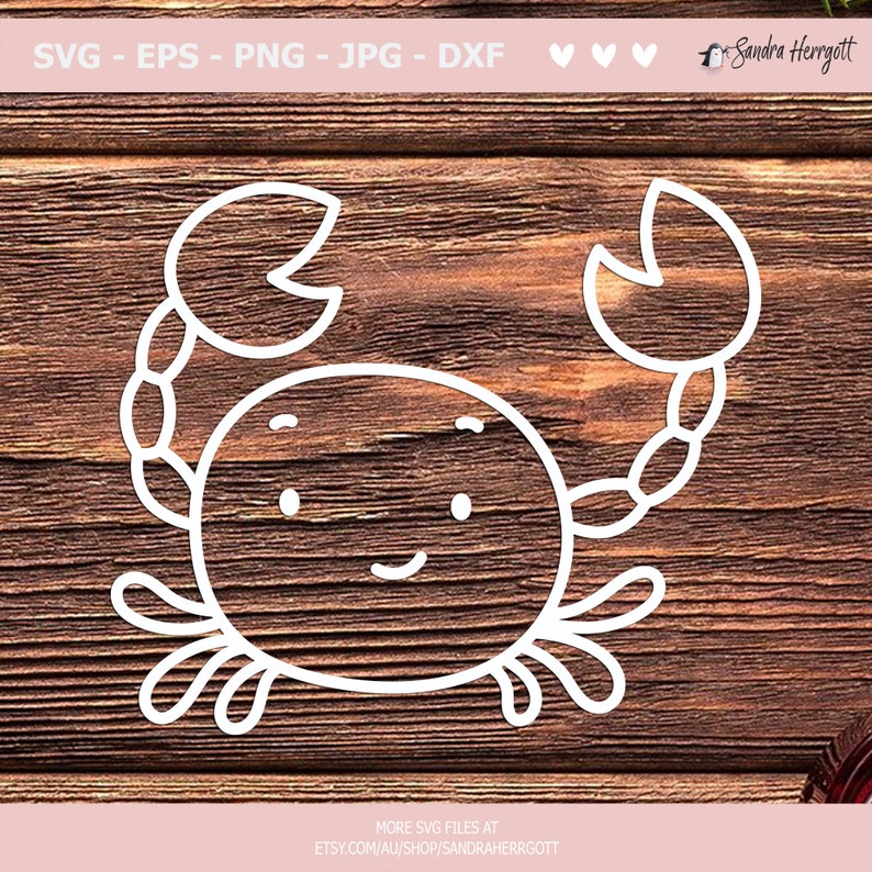 May include: A white outline drawing of a cartoon crab with a smiling face on a brown wooden background.
