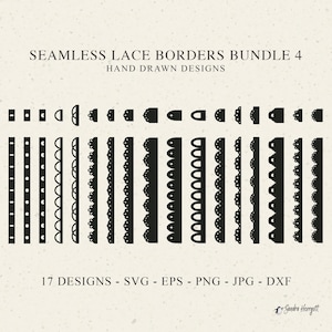 Könnte beinhalten: Ein digitales Design-Bundle mit 17 nahtlosen schwarzen Spitzenbordüren. Das Bild zeigt verschiedene dekorative Bordürenstile, mit dem Text "SEAMLESS LACE BORDERS BUNDLE 4" und Informationen zu Dateitypen.