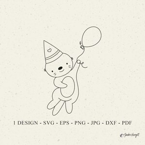 Puede incluir: Un dibujo lineal en blanco y negro de una nutria de dibujos animados con un gorro de fiesta y un globo. La nutria está flotando en el aire. La imagen incluye el texto "1 DESIGN - SVG - EPS - PNG - JPG - DXF - PDF".