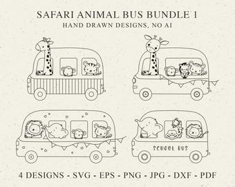 May include: A digital bundle of four hand-drawn black and white line art illustrations featuring safari animals riding in buses. The text reads SAFARI ANIMAL BUS BUNDLE 1, HAND DRAWN DESIGNS, NO AI, SCHOOL BUS, and 4 DESIGNS - SVG - EPS - PNG - JPG - DXF - PDF.