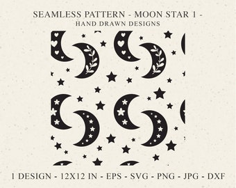 Moon Star Seamless Pattern Svg Plotter File Dxf Png Jpg Celestial Cricut transparent Background Cute Wallpaper vector digital DIY stencil