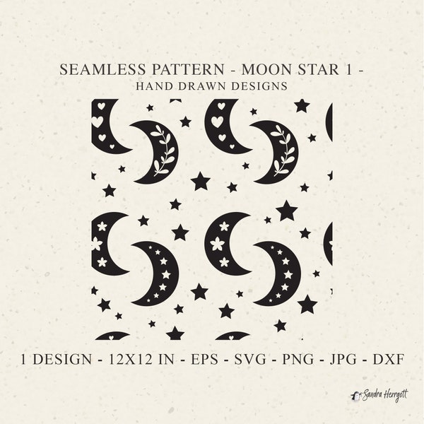 Moon Star Seamless Pattern Svg Plotter File Dxf Png Jpg Celestial Cricut transparent Background Cute Wallpaper vector digital DIY stencil