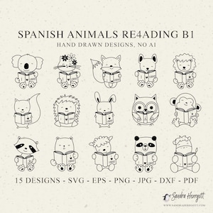 Op de afbeelding: Zwart-wit illustraties van verschillende dieren die boeken lezen. De afbeelding bevat een koala, kat, vos, hond, leeuw, eekhoorn, egel, konijn, uil, aap, wasbeer, beer, schaap, panda en nijlpaard. De tekst luidt "SPANISH ANIMALS RE4ADING B1".