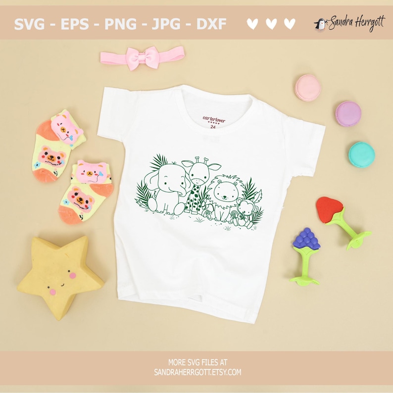 May include: A white baby onesie with a green line drawing of an elephant, giraffe, lion, and monkey. The onesie has the text "carter's 24" printed on the front.