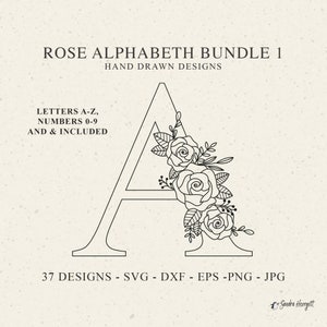 Rose Alphabet Plotter File Svg Dxf Eps Png Jpg Letter & Number Cricut Floral Monogram Wedding Silhouette Flower Clipart Vinyl Cut File DIY
