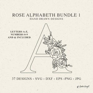 Rose Alphabet PlotterdateiSvg Dxf Eps Png Jpg Buchstabe & Zahl Cricut Blumen Monogramm Hochzeit Silhouette Blume Clipart Vinyl Schnitt Datei DIY