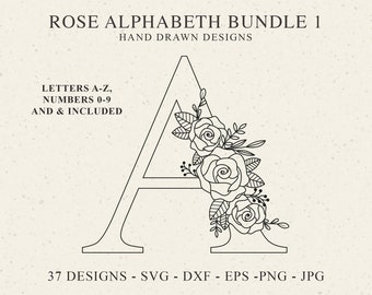 Plik plotera alfabetu róży Svg Dxf Eps Png Jpg Litery i cyfry Cricut Monogram kwiatowy Ślubna sylwetka Kwiat Clipart Winyl Plik do cięcia DIY