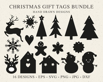 May include: A digital bundle of 16 black silhouette Christmas gift tags featuring hand-drawn designs including reindeer, snowflakes, pine trees, hearts, a gingerbread person, houses, and snowmen, with text reading CHRISTMAS GIFT TAGS BUNDLE.
