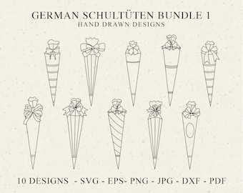 German Schultüte Plotter File Svg Dxf PNG EPS Pdf Jpg Cricut Zuckertüte Schuleinführung Clipart Cute Silhouette Vinyl Laser Cut File Bundle
