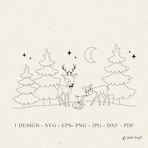 May include: A black and white line drawing depicting a deer family in a forest scene. The image features a buck with antlers, a doe, and a fawn, alongside stylised evergreen trees, stars, and a crescent moon. Text at the bottom reads "1 DESIGN - SVG - EPS - PNG - JPG - DXF - PDF".