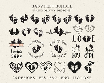 May include: A set of 26 black and white baby feet designs. The designs include footprints, hearts, wreaths, and text. The text includes "Coming Soon", "It's a Boy", "It's a Girl", and "Love".