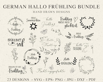 German Hallo Frühling Plotter File SVG DXF PNG Singing Bird Botanical Floral Wreath Cricut Silhouette Download Plotting Bundle Cute Flower