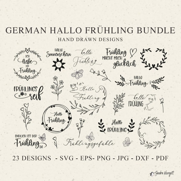 Deutsch Hallo Frühling Plotterdatei SVG DXF PNG Singender Vogel Botanischer Blumenkranz Cricut Silhouette Download Plotting Bundle Süße Blume