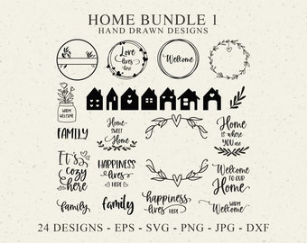 May include: A collection of 24 black hand-drawn digital designs labeled HOME BUNDLE 1. The set includes circular frames, house silhouettes, floral wreaths, and various phrases like Welcome, Family, Home sweet home, and Happiness lives here.