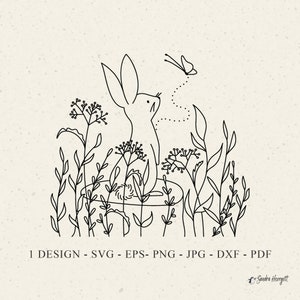 Souche d'arbre lapin avec Gras fichier traceur Svg Dxf Pdf Png Jpg Clipart botanique lapin Cricut Silhouette animale lunatique plante bricolage pochoir