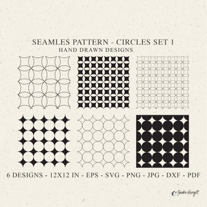 May include: Six seamless pattern designs featuring circles in black and white. The patterns are arranged in a grid of six squares. Each square is 12 inches by 12 inches. The designs are available in EPS, SVG, PNG, JPG, DXF, and PDF formats.