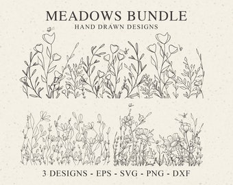 Bundle 3 Wildflower Meadows SVG-Clipart-Datei - botanische Schnittdatei, Schneidedatei, Cricut Silhouette Blätter, Natur-Monogramm-Becher-Svg, Shirt-Svg