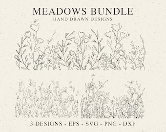 Bundle 3 Wildflower Meadows SVG-Clipart-Datei - botanische Schnittdatei, Schneidedatei, Cricut Silhouette Blätter, Natur-Monogramm-Becher-Svg, Shirt-Svg