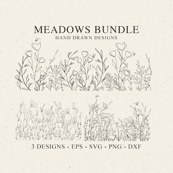 Bundle 3 Wildflower Meadows SVG-Clipart-Datei - botanische Schnittdatei, Schneidedatei, Cricut Silhouette Blätter, Natur-Monogramm-Becher-Svg, Shirt-Svg