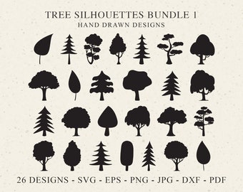 May include: A digital collection of 26 black tree silhouettes featuring various hand-drawn designs. The text reads TREE SILHOUETTES BUNDLE 1 HAND DRAWN DESIGNS and 26 DESIGNS - SVG - EPS - PNG - JPG - DXF - PDF with a small penguin logo at the bottom.