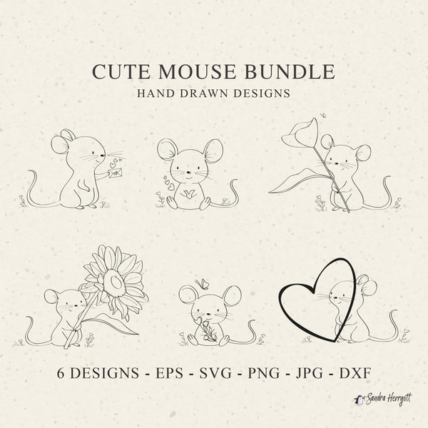 Kleine Maus SVG Bundle - Tiere Schnittdatei, süße Schneidedatei, skurrile Maus Cricut, hübsche Sonnenblumenbecher Clipart, Maus Herz T-Shirt SVG