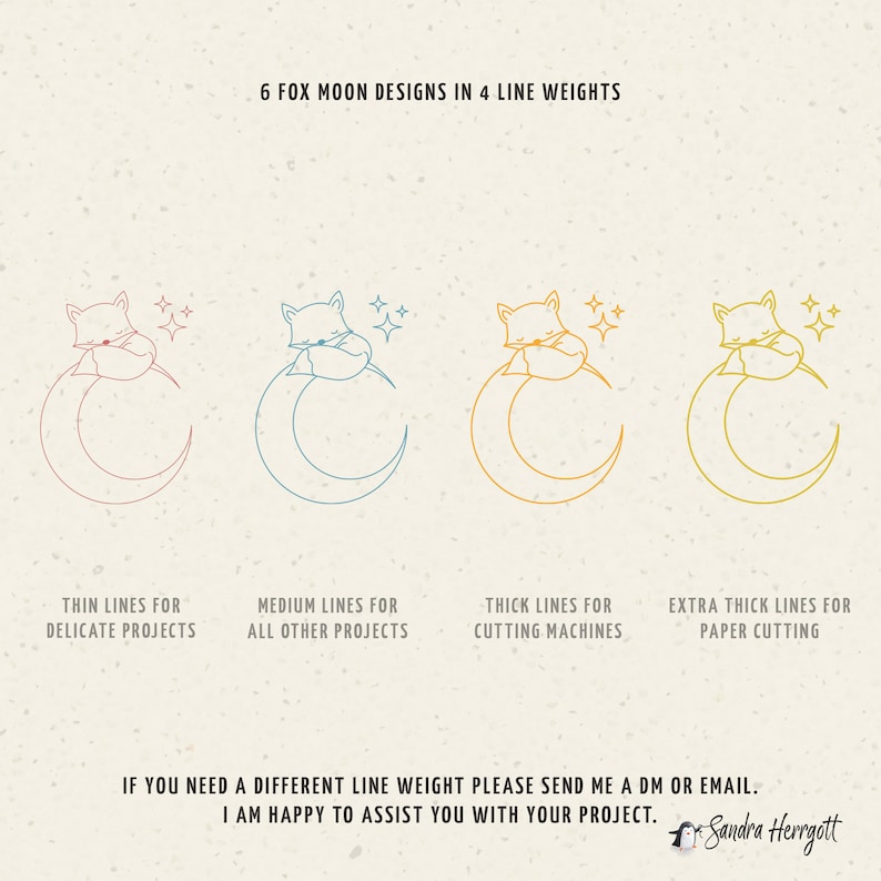 May include: Six fox moon designs in four different line weights. The designs are perfect for delicate projects, all other projects, cutting machines, and paper cutting. The designs are in various colors, including red, blue, yellow, and orange.