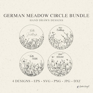 Deutsch Hallo Frühling Wiese Plotterdatei SVG DXF PNG Niedlich Blumen Häschen Fuchs Botanische Cricut Download Plotter-Bundle Wildblumen Rundes Zeichen
