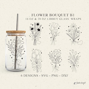 Blumenstrauß LIBBEY GLASS svg Png 16 & 20 oz Botanische Dose Cup Wrap Design Cut File Cricut Silhouette Floral Wildflower Hochzeit Geburtstag