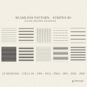 Puede incluir: Una colección de diez patrones de rayas sin costuras en blanco y negro. Los diseños incluyen varios estilos de líneas, incluyendo líneas sólidas, discontinuas y punteadas. El texto dice "SEAMLESS PATTERN - STRIPES B1" y "HAND DRAWN DESIGNS". Los diseños miden 30,48 cm x 30,48 cm.
