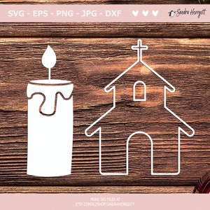 Peut inclure: Contour blanc d'une &eacute;glise avec une croix au sommet et une bougie avec une flamme au sommet. L'image est sur un fond en bois.