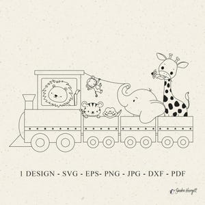 以下が含まれることがあります： ライオン、サル、トラ、ゾウ、キリンなどの動物が乗った列車の白黒イラスト。キリンは花を持っています。「1 DESIGN - SVG - EPS - PNG - JPG - DXF - PDF」のテキストが含まれています。