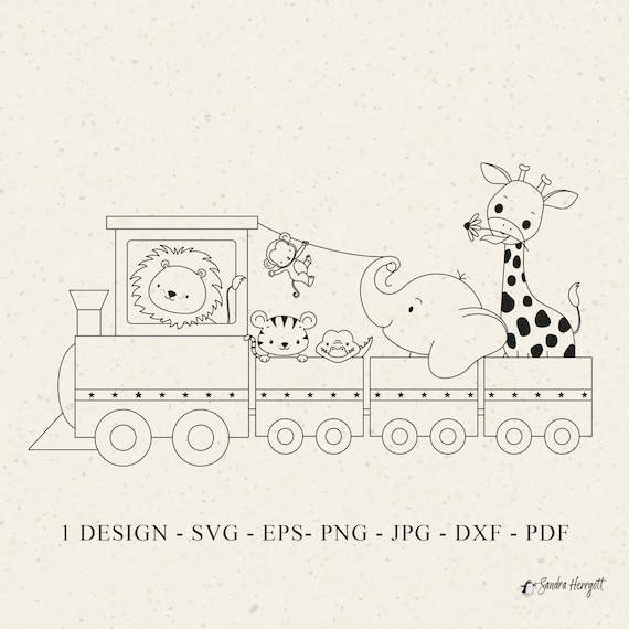 Safari Animal Train Plotter File Svg Dxf Png Pdf Eps Jungle Cricut Giraffe Lion Stencil Monkey Clipart Elephant Laser Cut Holiday Travel Fun
